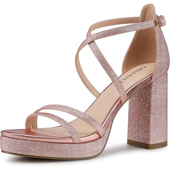 Shoes - Women's Pink-GlitterSandal Stylish Comfortable Chunky Blocked Strappy Heel Shoe